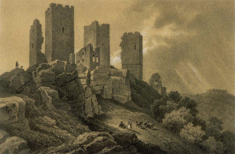 Historische Lithografie der drei Burgen bei Eguisheim